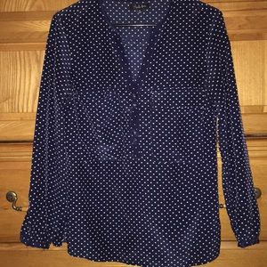 Navy blue and white quarter button down blouse